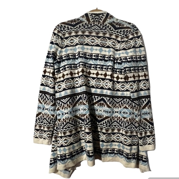 Lucky Brand Open-Front Aztec Print Cardigan Blue White Brown Size Medium Tribal - Picture 2 of 6